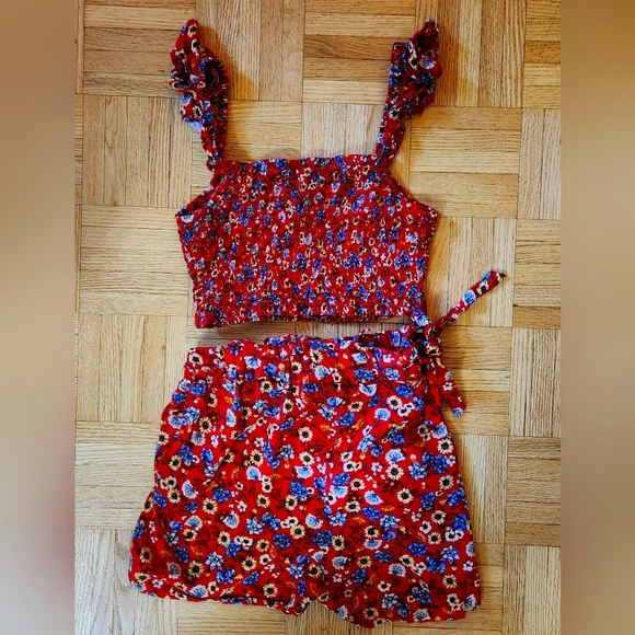 Flower pattern cropped top summer matching shorts set - Picture 1 of 4